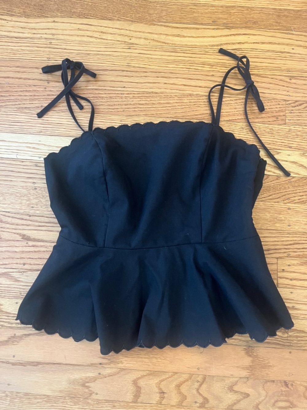 Gilli Black Peplum Camisole Top Small Scalloped Hem Tie Strap Feminine